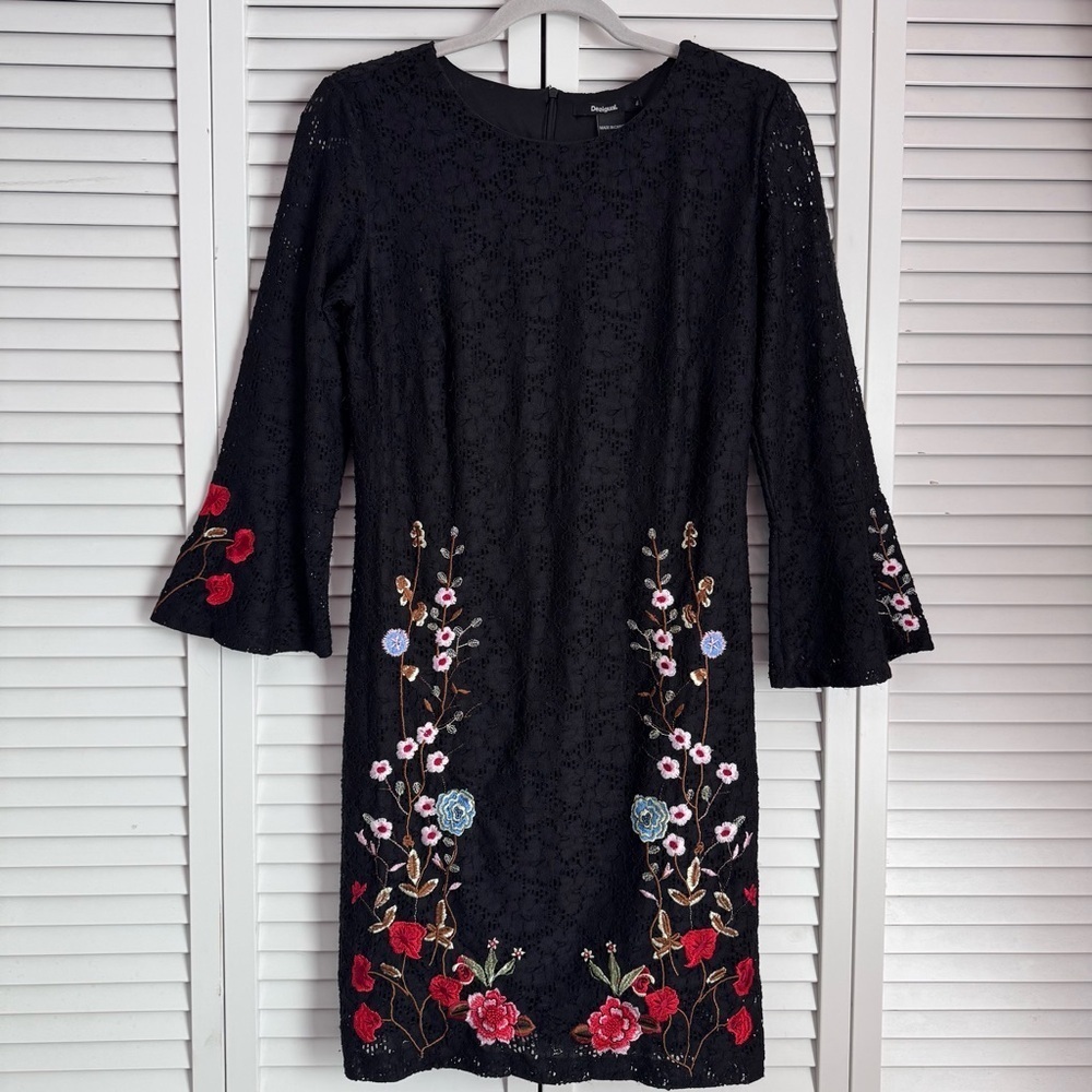 Desigual Vermond Lace Dress Floral Embroidery Bell Sleeve Black Size 40 Medium - Picture 3 of 14